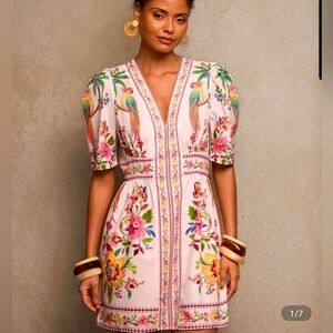 Shein Puff Sleeve Dress Women's Large Pink Tropical Garden Print Resort Cruise